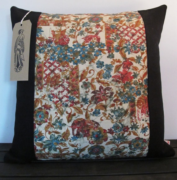 Vintage Japanese Exotic Silk Kimono & Hemp Cushion Cover. Kimono Cushion. Vintage Pillow