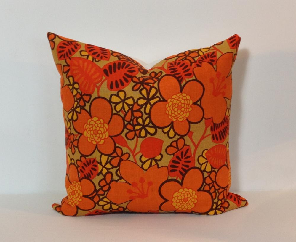 Cushion Cover Retro Orange Flower Power, Vintage Linen Fabric