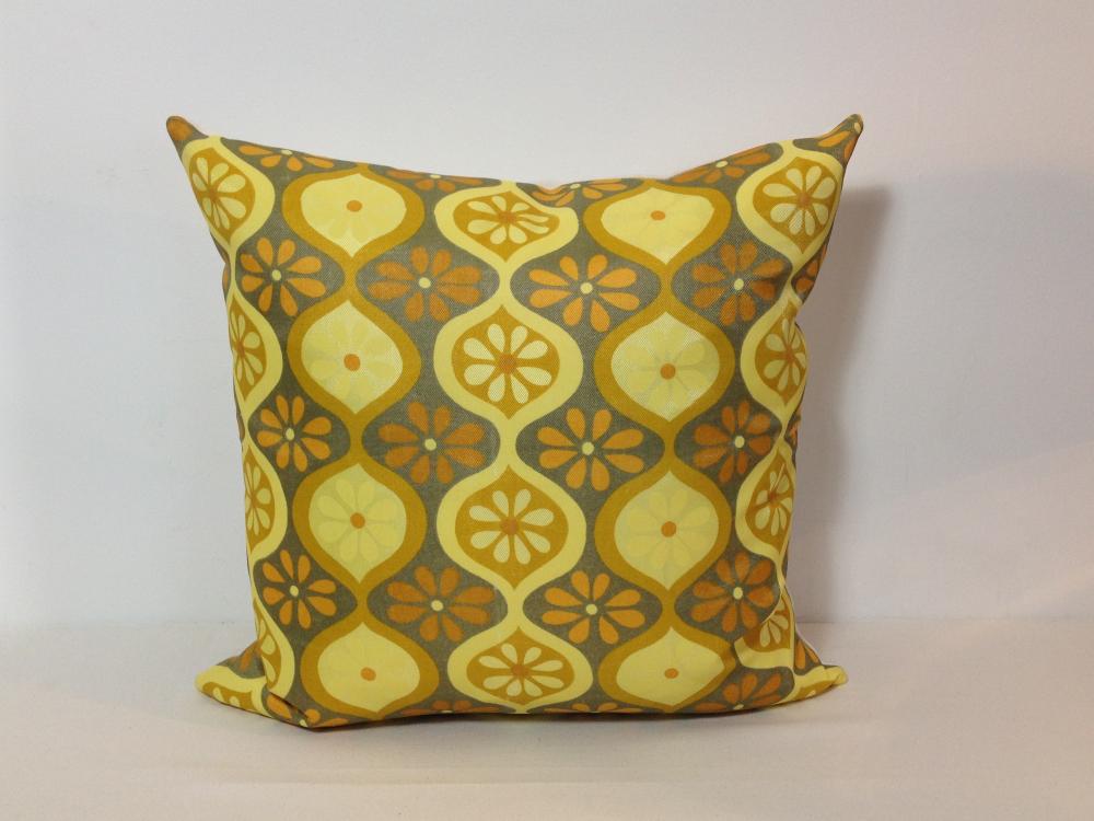 Cushion Cover 1970s Yellow Retro Fabric. Vintage Pillow