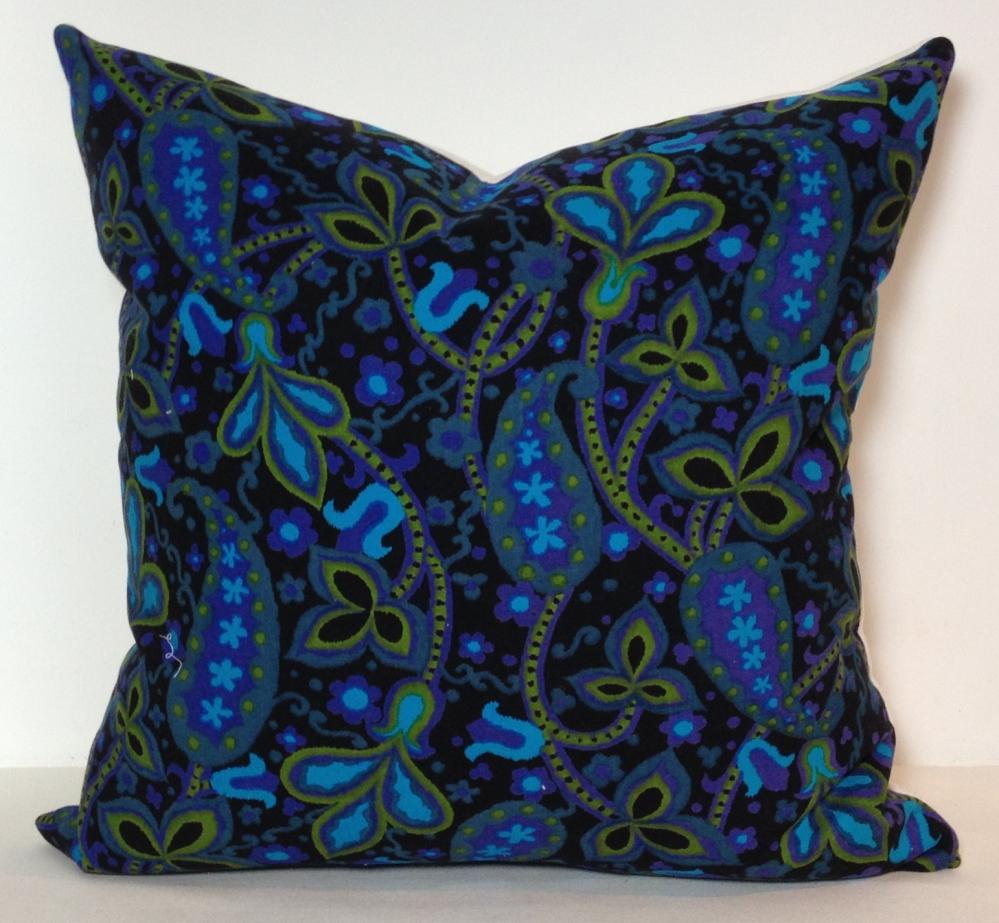 Vintage Paisley Fabric Scatter Pillow, Black Turquoise Olive, Retro Cushion Cover